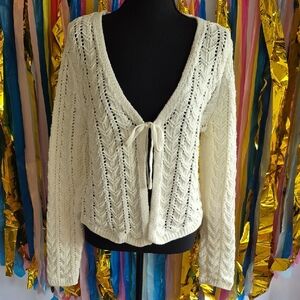 RSQ Ivory V-Neck Tie-Front Sweater